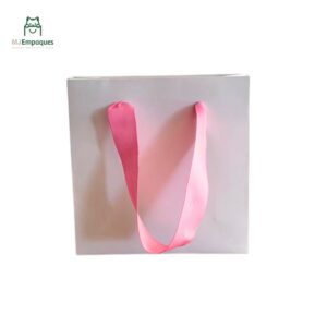 Bolsa de lujo blanca 13x13x5 con asa rosada